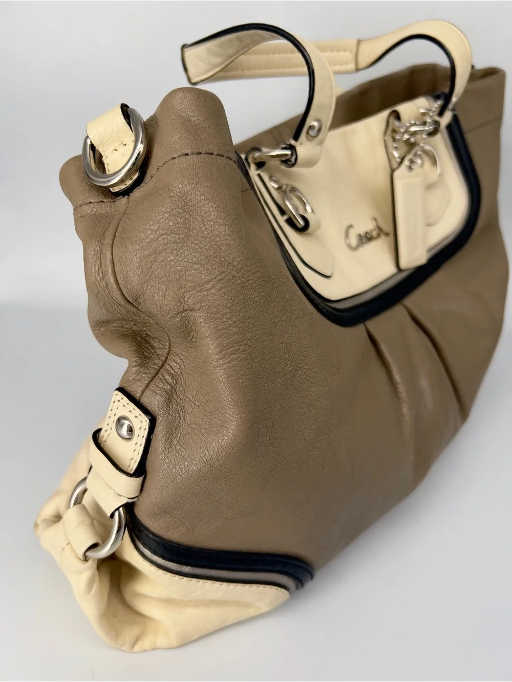 Coach Two-Tone Taupe & Cream Shoulder Bag with Black Trim